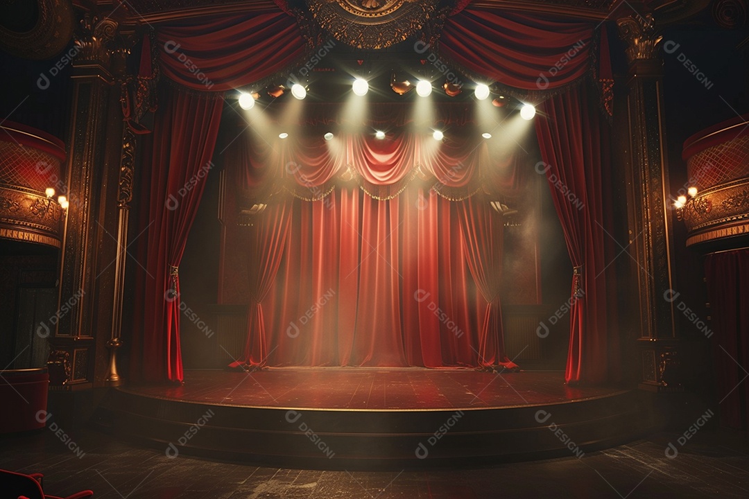 Palco do teatro com cortinas vermelhas e holofotes