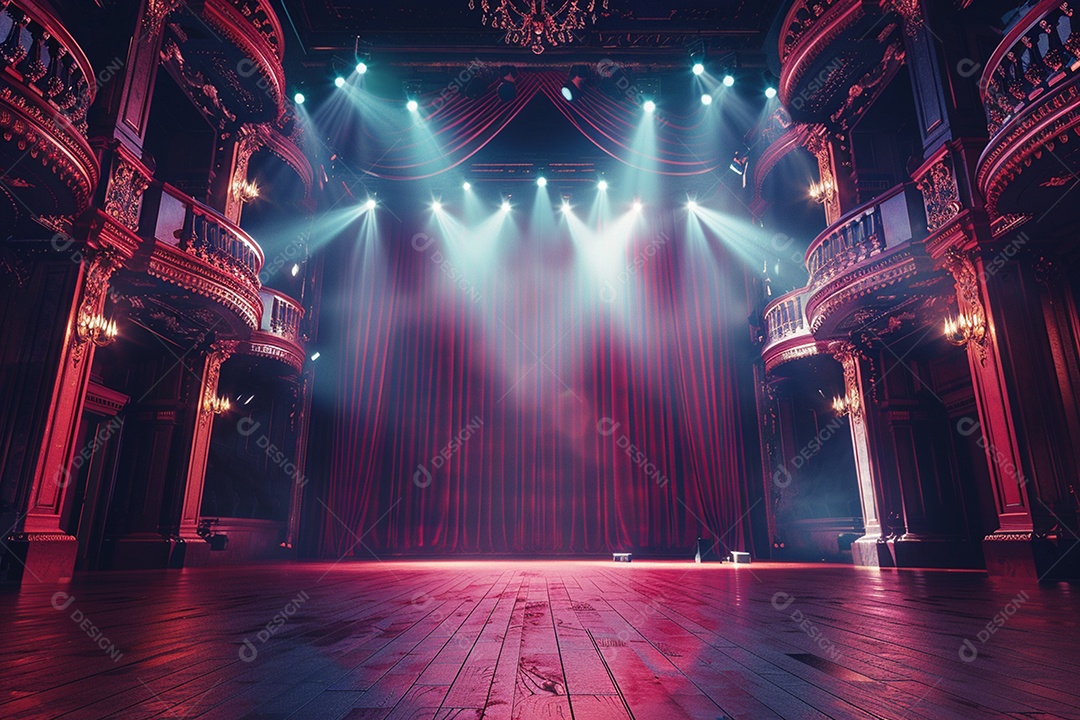 Palco do teatro com cortinas vermelhas e holofotes