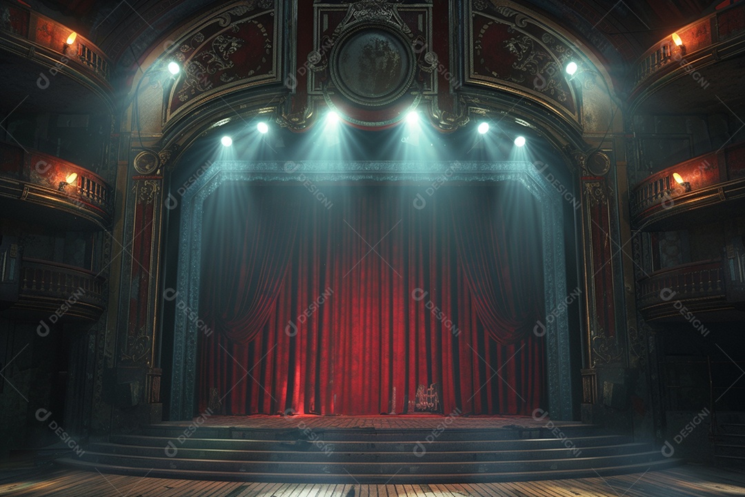 Palco do teatro com cortinas vermelhas e holofotes