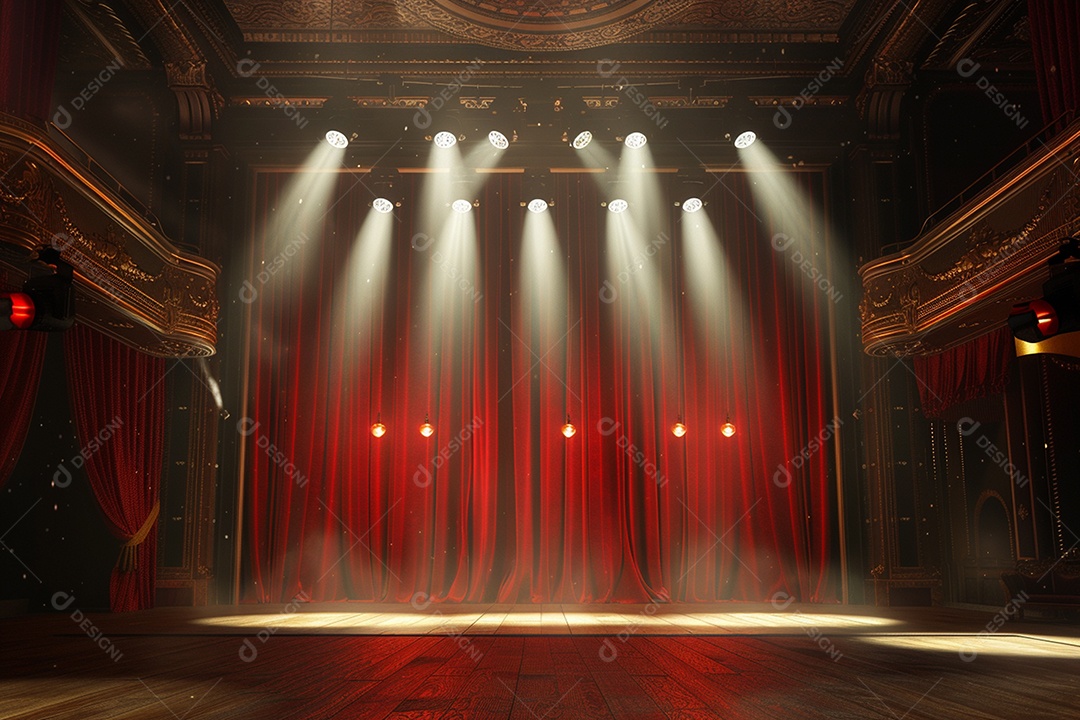 Palco do teatro com cortinas vermelhas e holofotes