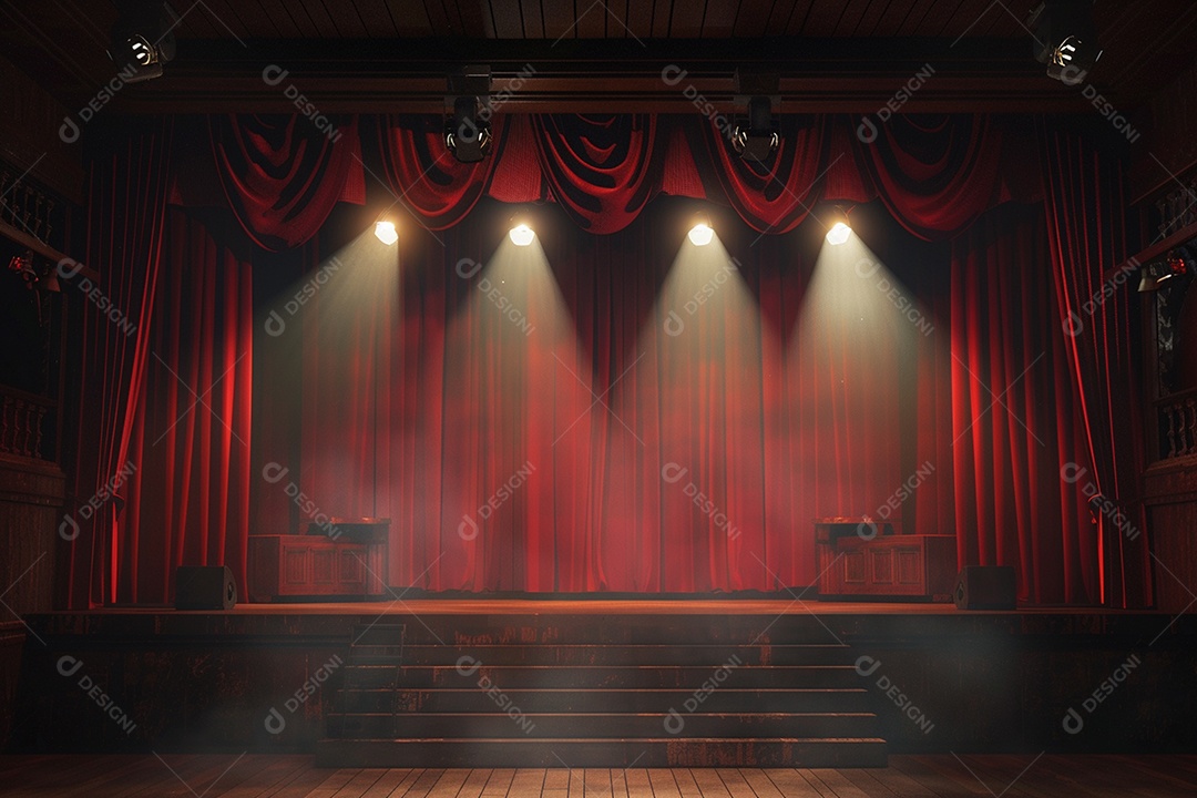 Palco do teatro com cortinas vermelhas e holofotes