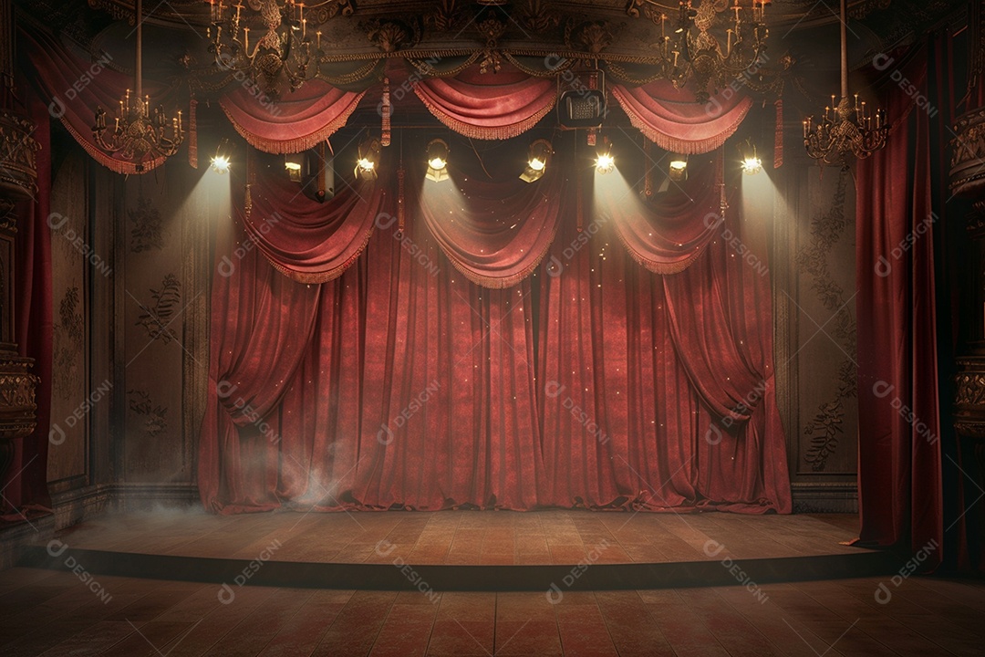 Palco do teatro com cortinas vermelhas e holofotes