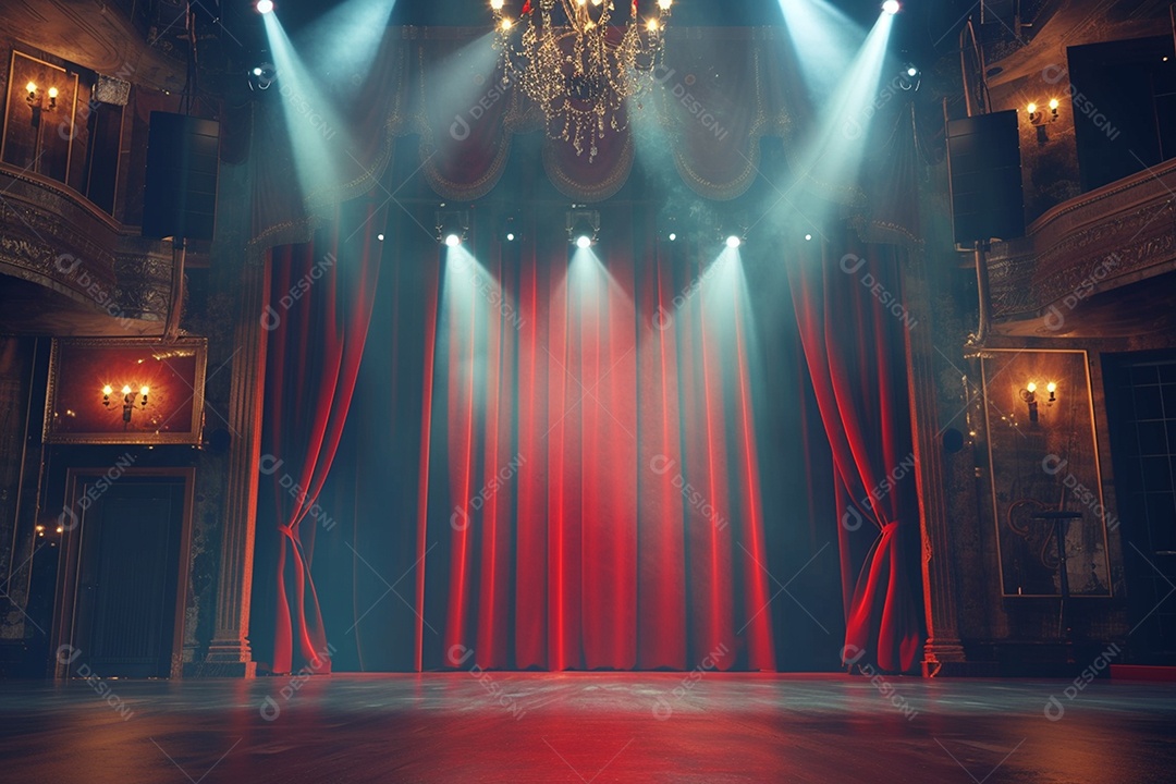 Palco do teatro com cortinas vermelhas e holofotes