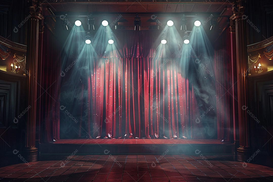 Palco do teatro com cortinas vermelhas e holofotes