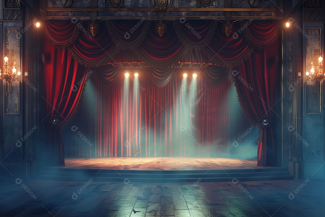 Palco do teatro com cortinas vermelhas e holofotes