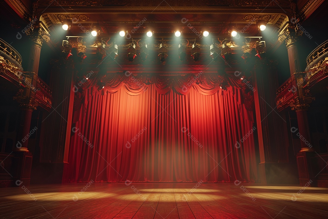 Palco do teatro com cortinas vermelhas e holofotes