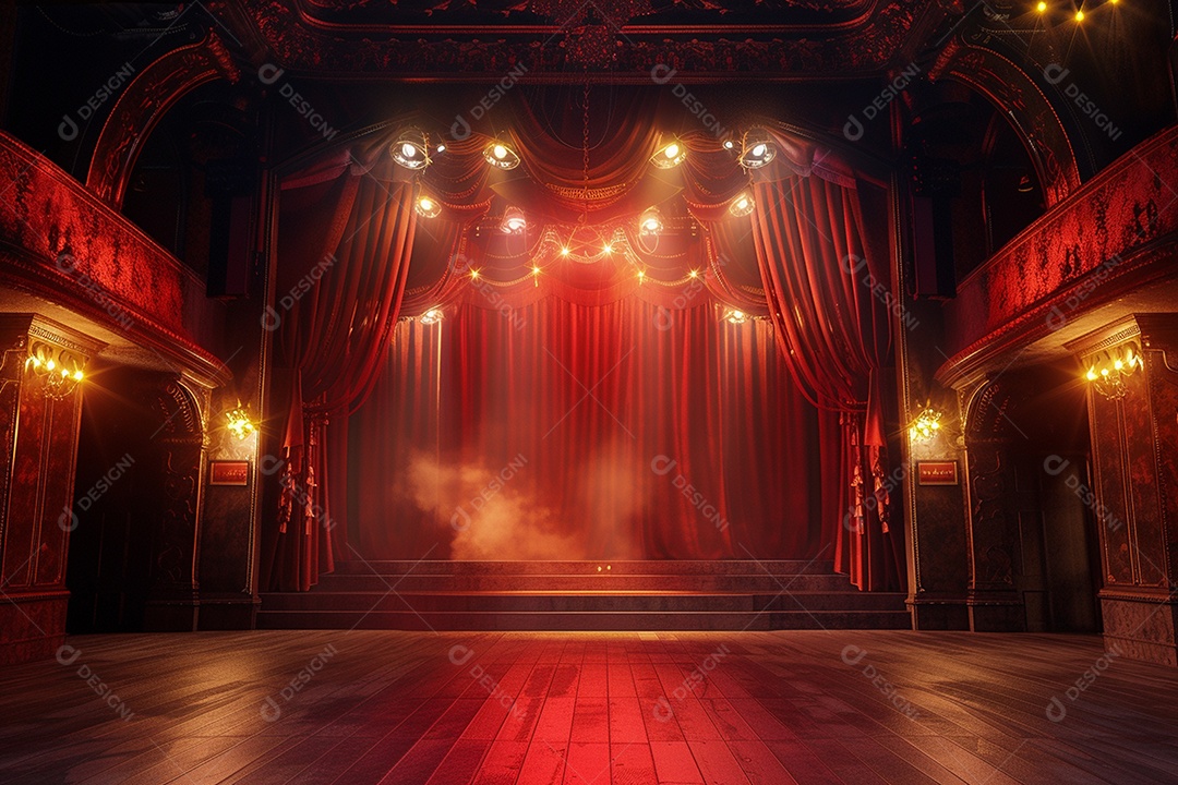 Palco do teatro com cortinas vermelhas e holofotes