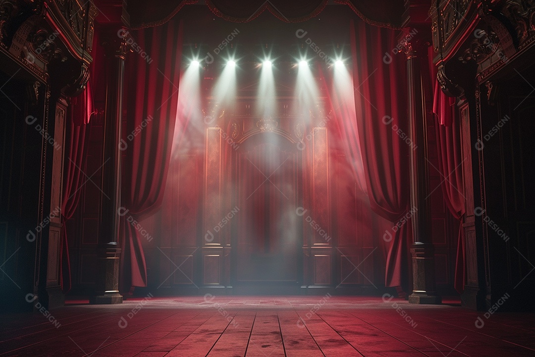 Palco do teatro com cortinas vermelhas e holofotes