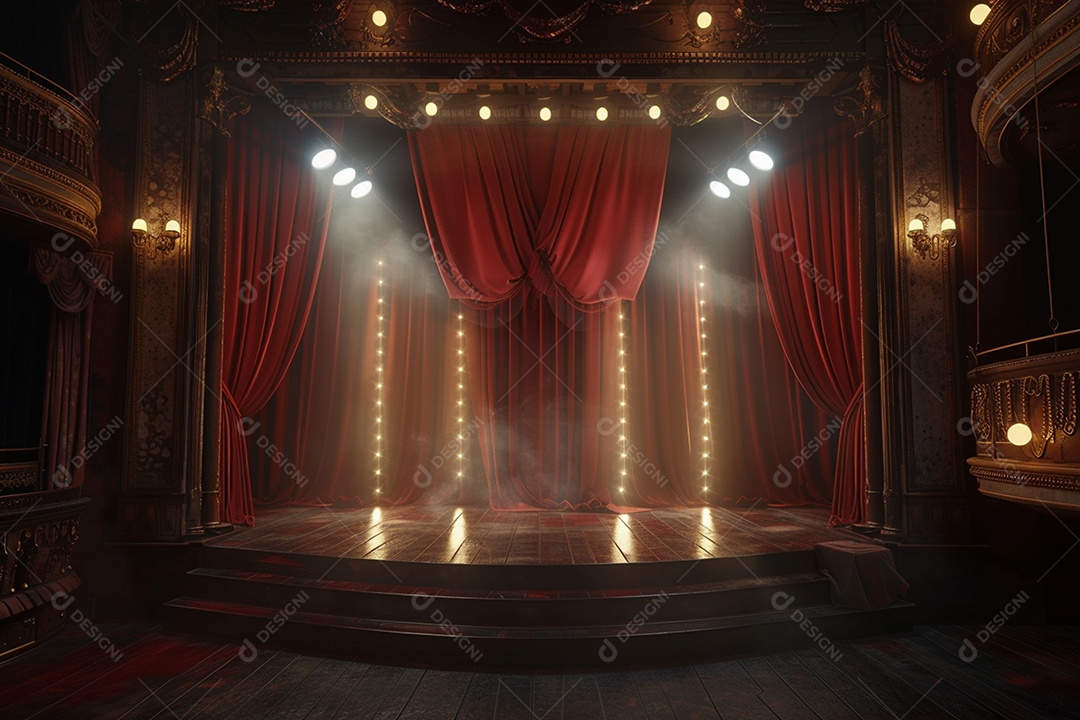 Palco do teatro com cortinas vermelhas e holofotes