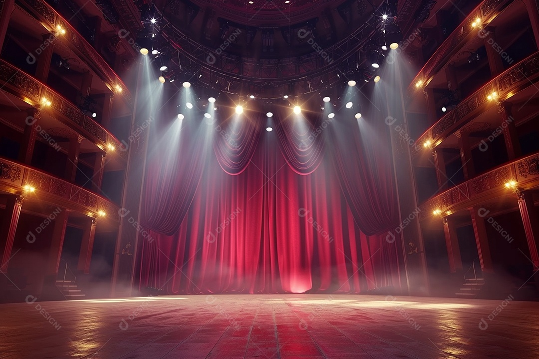 Palco do teatro com cortinas vermelhas e holofotes