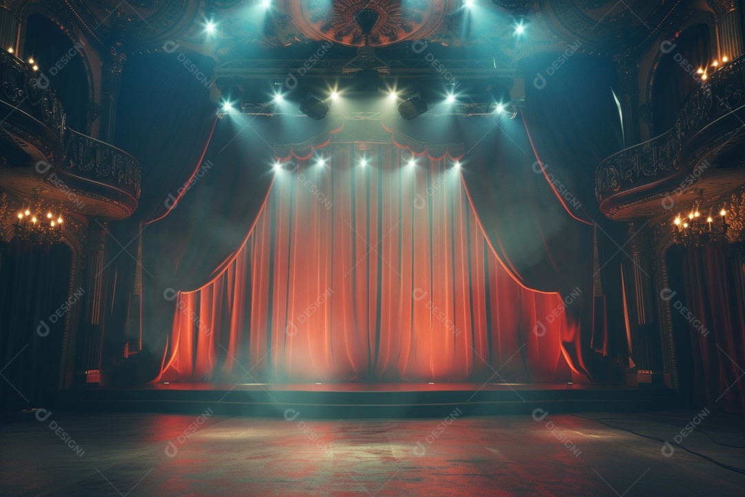 Palco do teatro com cortinas vermelhas e holofotes