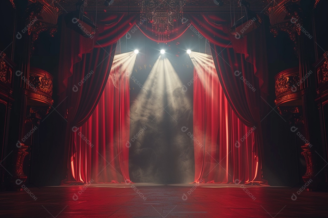 Palco do teatro com cortinas vermelhas e holofotes