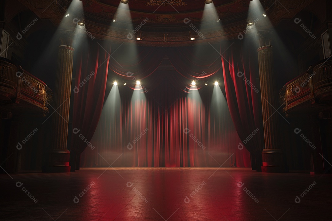 Palco do teatro com cortinas vermelhas e holofotes