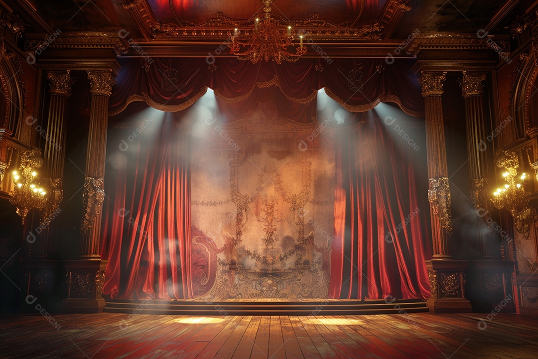 Palco do teatro com cortinas vermelhas e holofotes