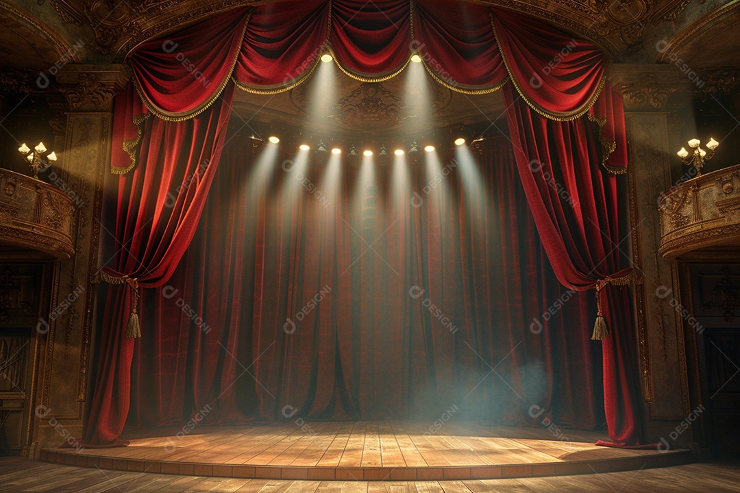 Palco do teatro com cortinas vermelhas e holofotes