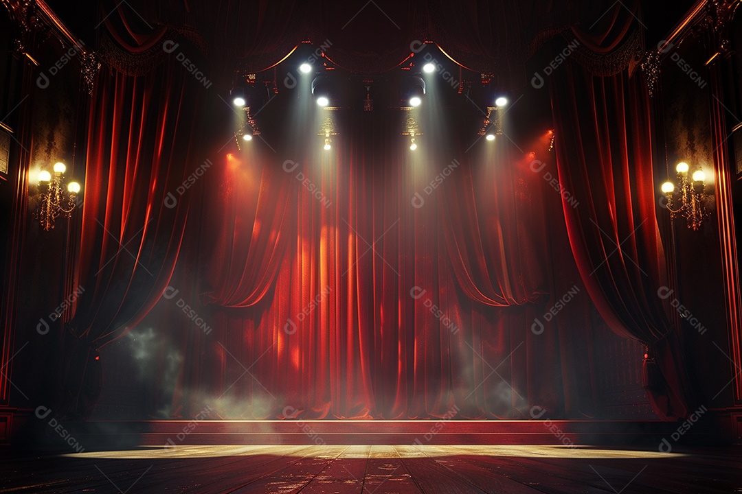 Palco do teatro com cortinas vermelhas e holofotes