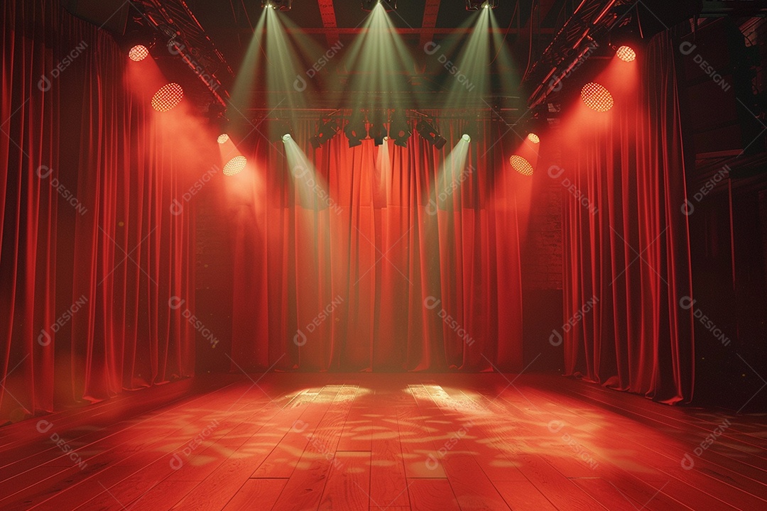 Palco do teatro com cortinas vermelhas e holofotes