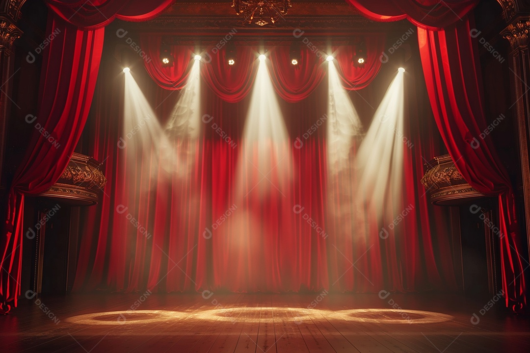 Palco do teatro com cortinas vermelhas e holofotes