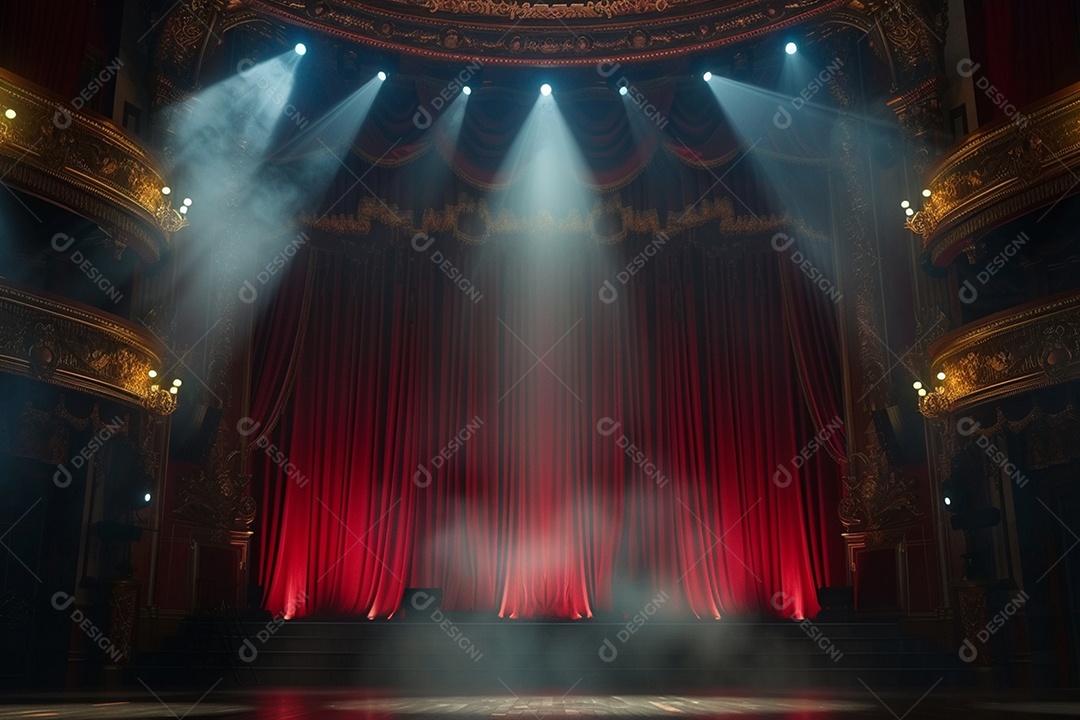 Palco do teatro com cortinas vermelhas e holofotes
