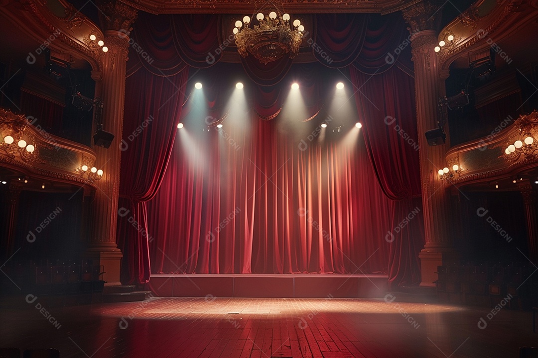 Palco do teatro com cortinas vermelhas e holofotes