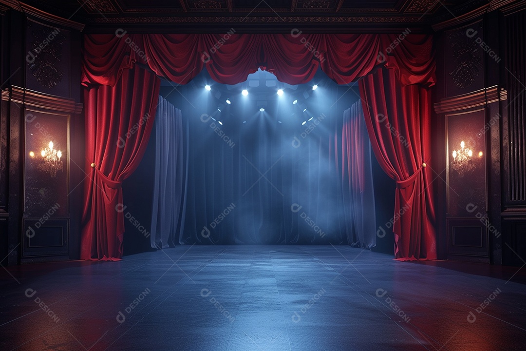Palco do teatro com cortinas vermelhas e holofotes