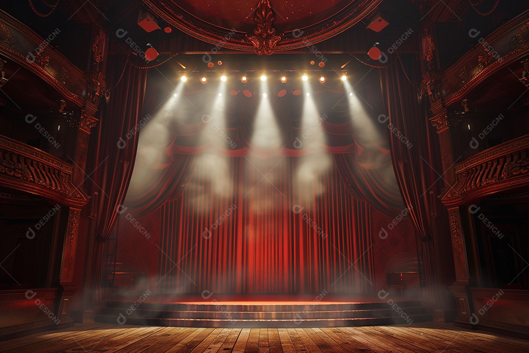 Palco do teatro com cortinas vermelhas e holofotes