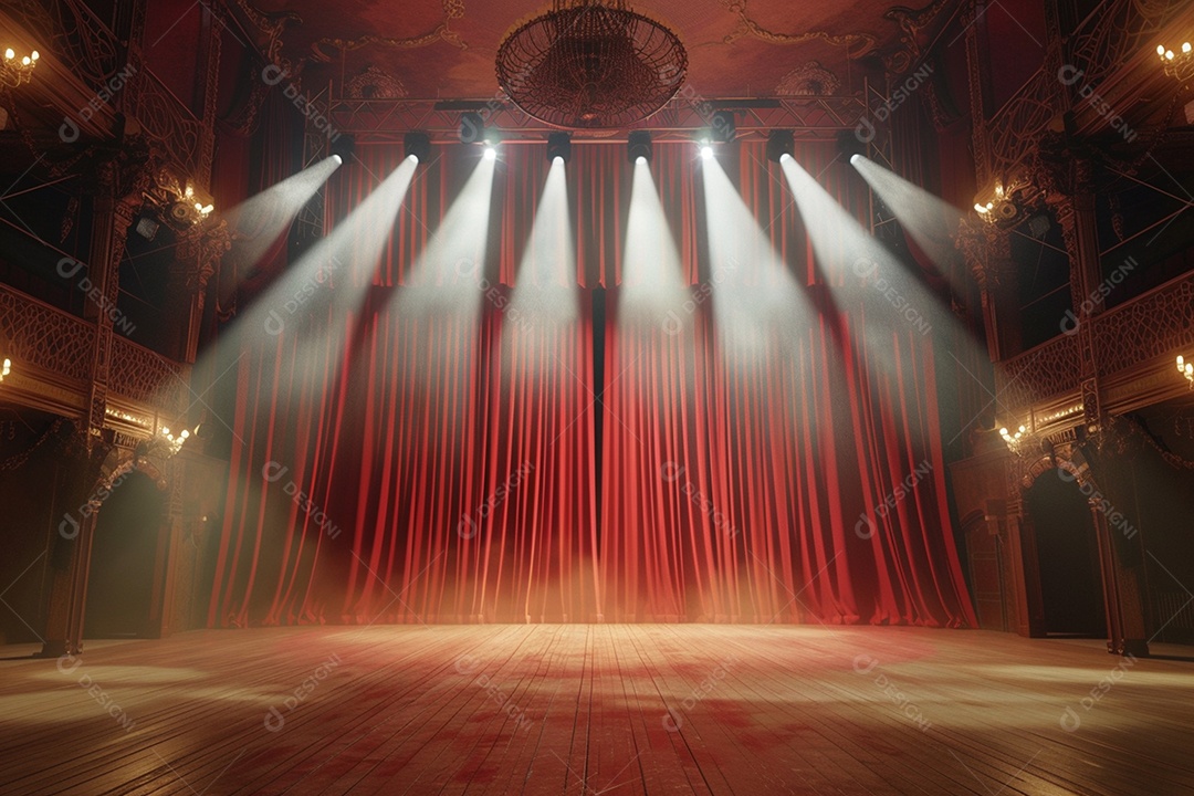 Palco do teatro com cortinas vermelhas e holofotes