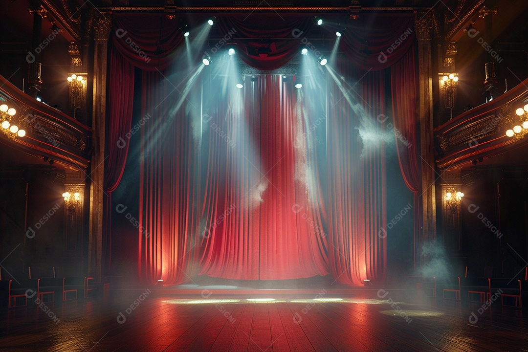 Palco do teatro com cortinas vermelhas e holofotes
