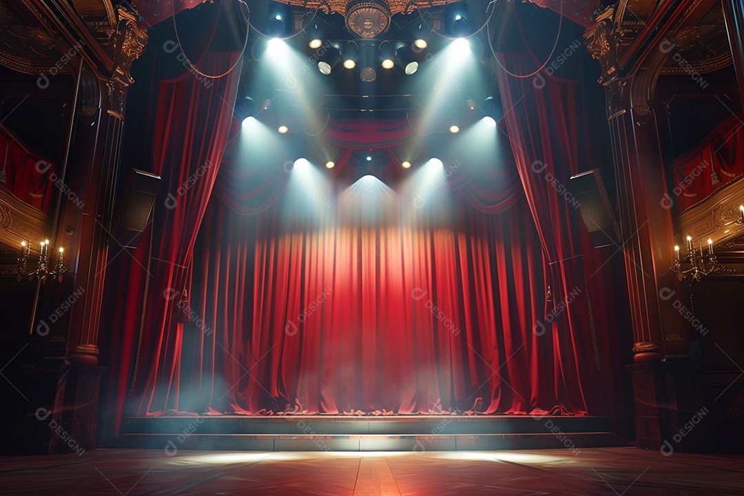 Palco do teatro com cortinas vermelhas e holofotes