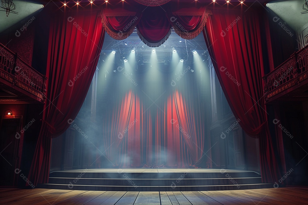 Palco do teatro com cortinas vermelhas e holofotes