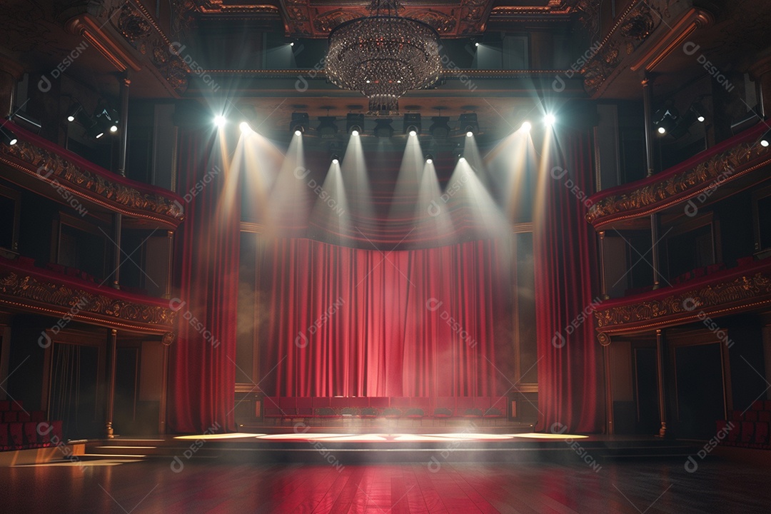 Palco do teatro com cortinas vermelhas e holofotes