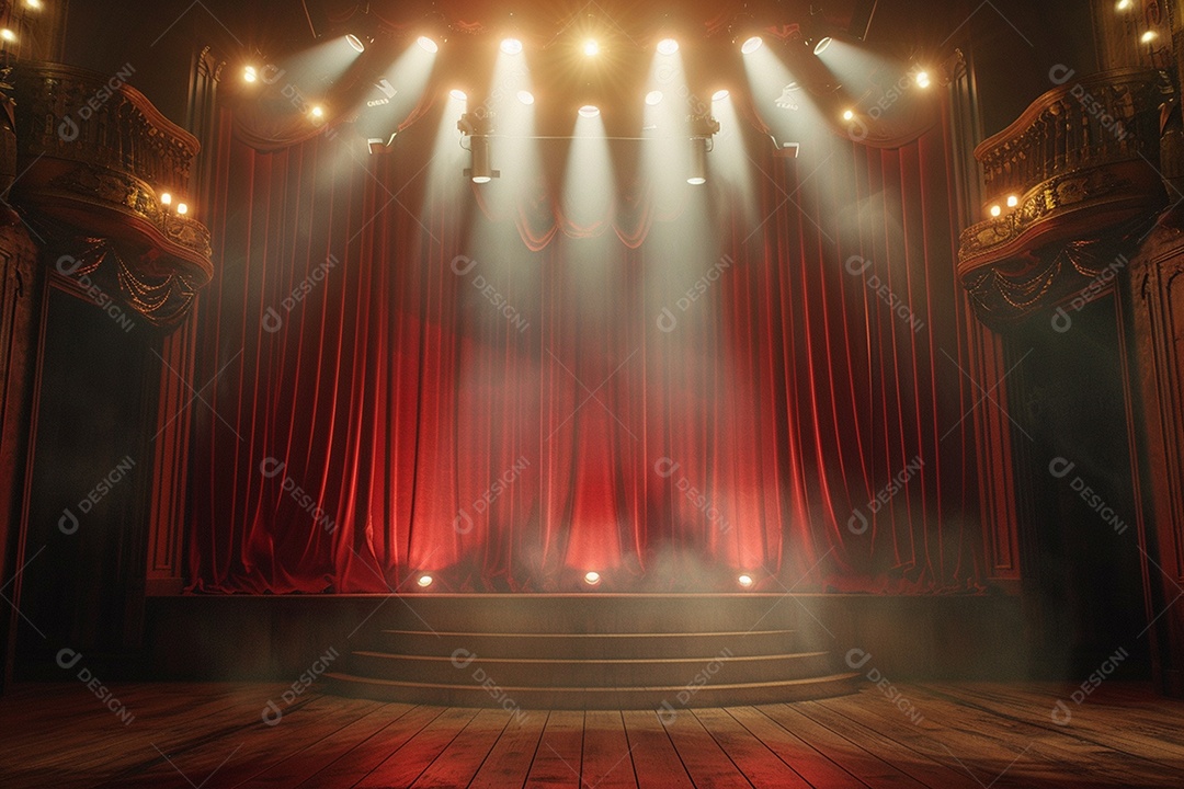 Palco do teatro com cortinas vermelhas e holofotes