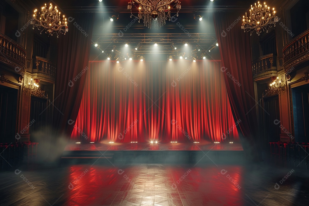 Palco do teatro com cortinas vermelhas e holofotes