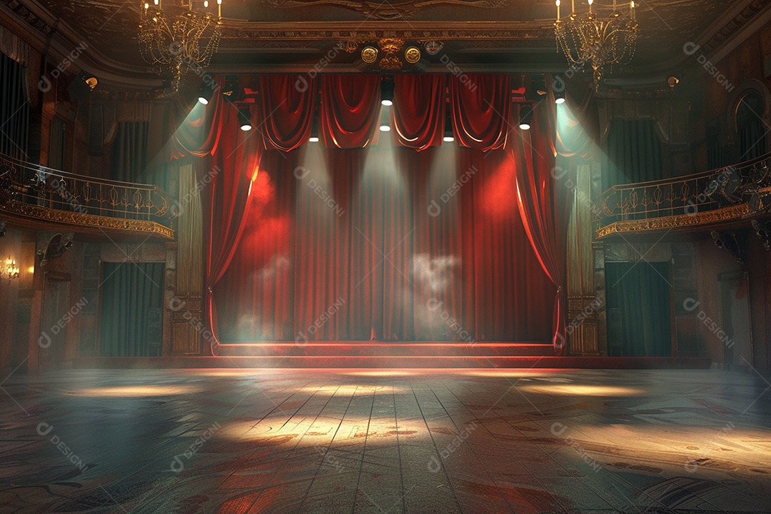Palco do teatro com cortinas vermelhas e holofotes
