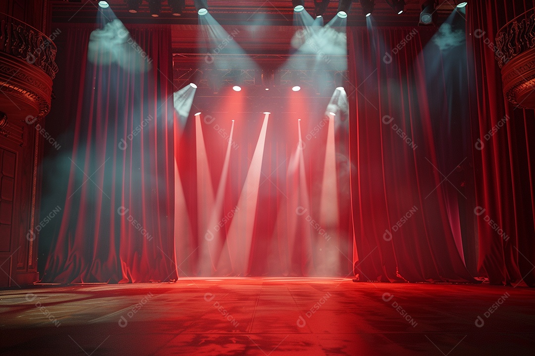 Palco do teatro com cortinas vermelhas e holofotes