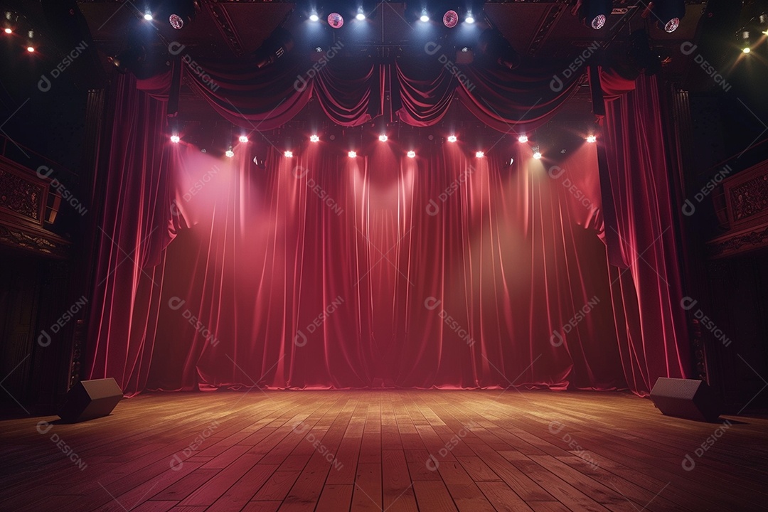 Palco do teatro com cortinas vermelhas e holofotes