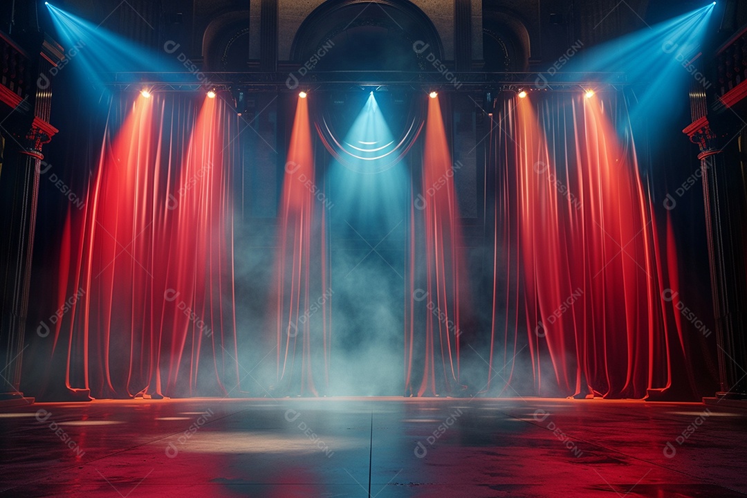 Palco do teatro com cortinas vermelhas e holofotes