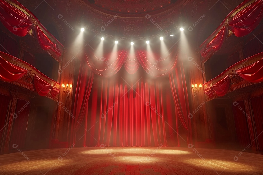 Palco do teatro com cortinas vermelhas e holofotes