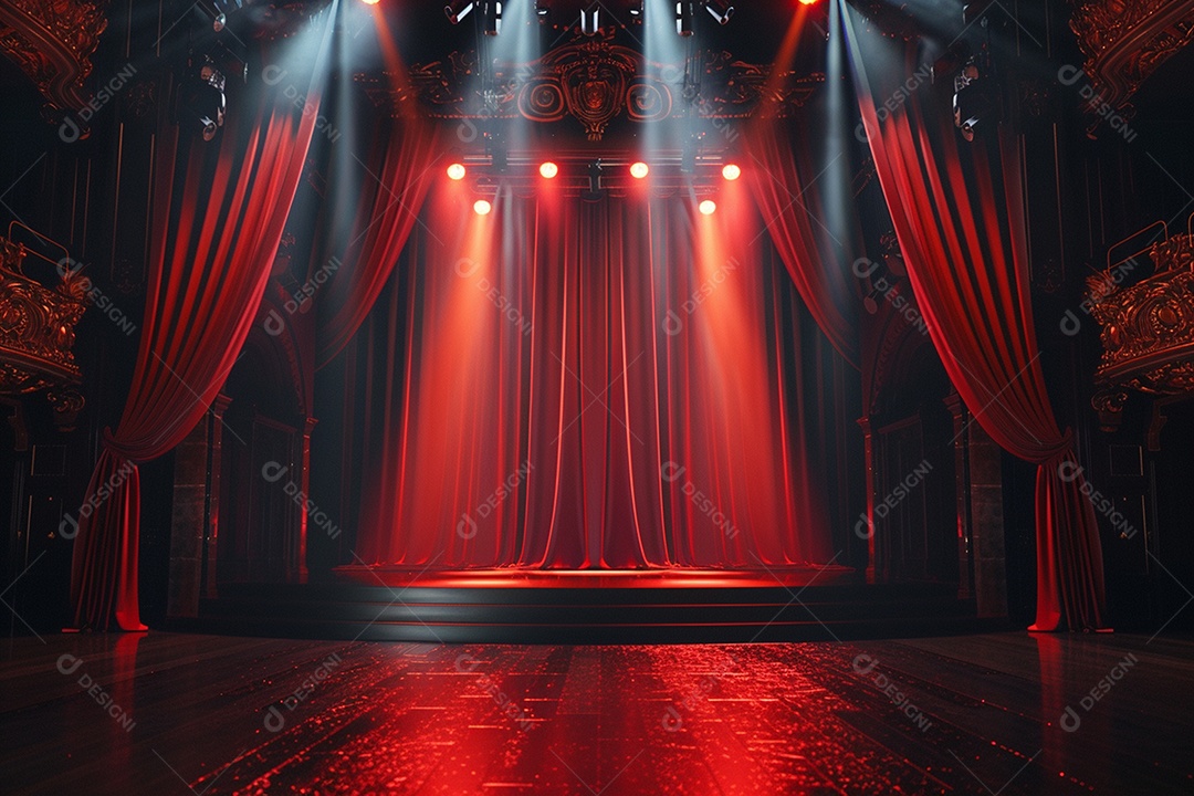 Palco do teatro com cortinas vermelhas e holofotes