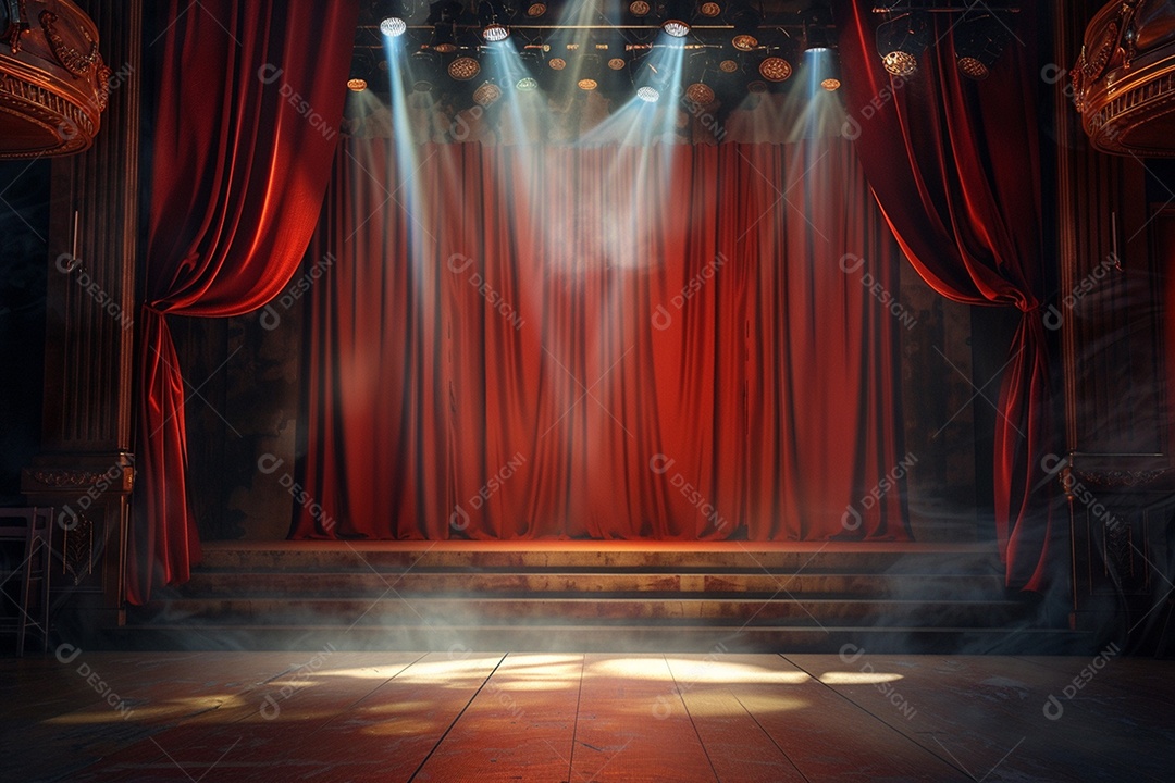 Palco do teatro com cortinas vermelhas e holofotes