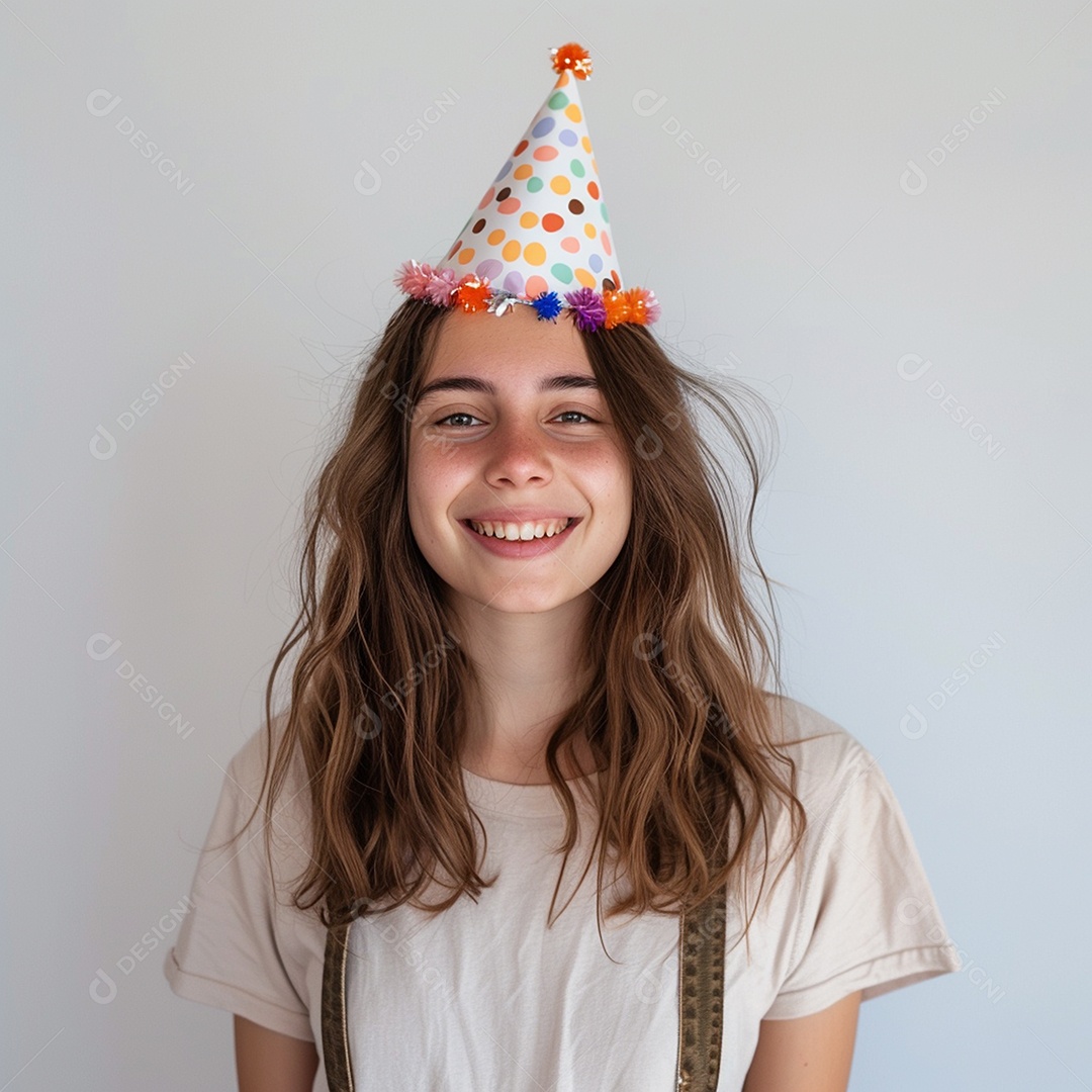 Uma jovem sorridente com chapéu de festa