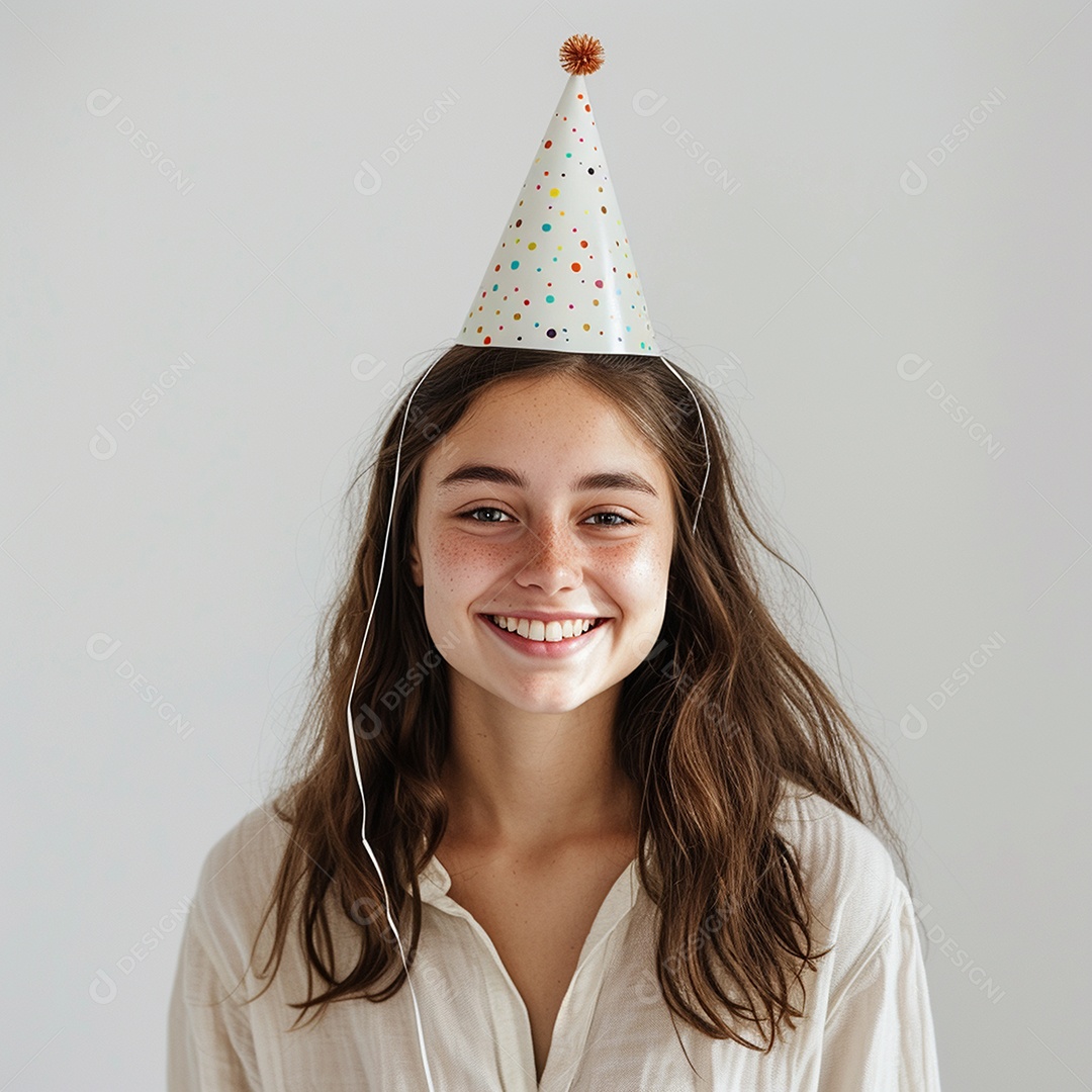 Jovem sorridente usando chapéu de festa