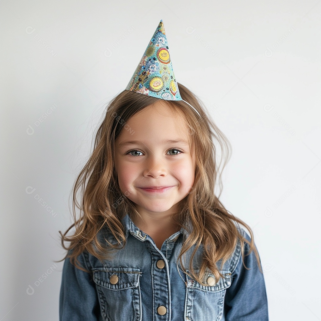 Uma simpática e linda garotinha sorrindo com chapéu de aniversário na cabeça