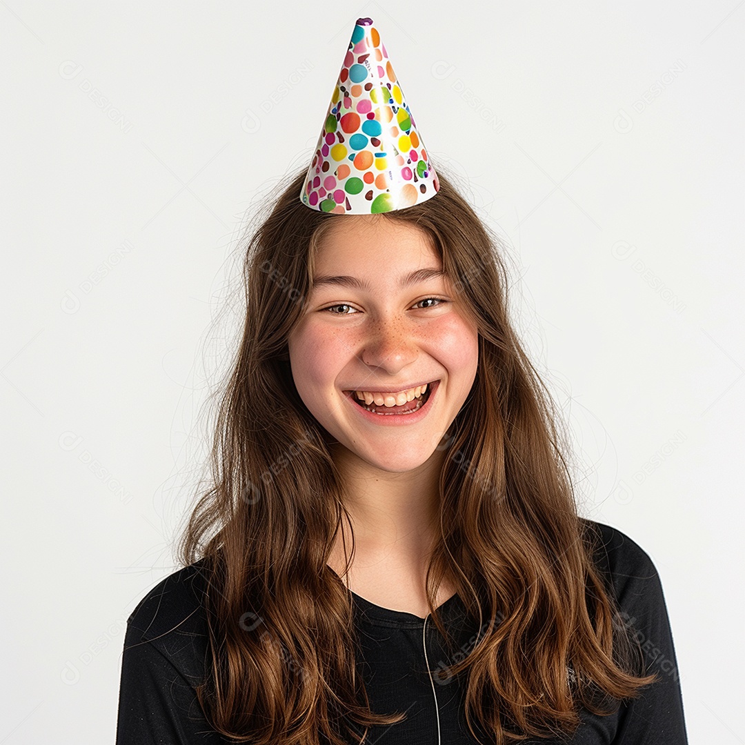 Garota sorridente usando chapéu de festa