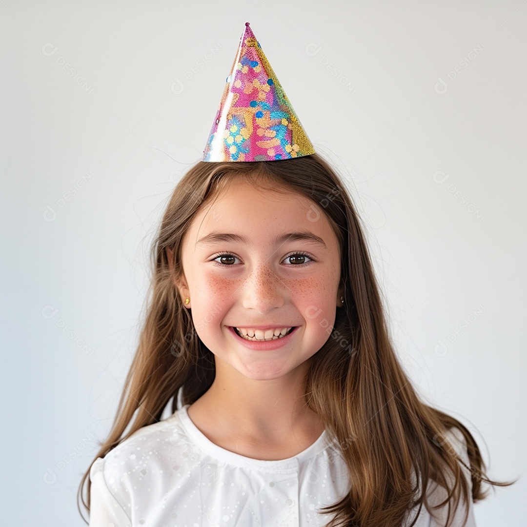 Uma menina sorridente usando um chapéu de festa em um fundo branco