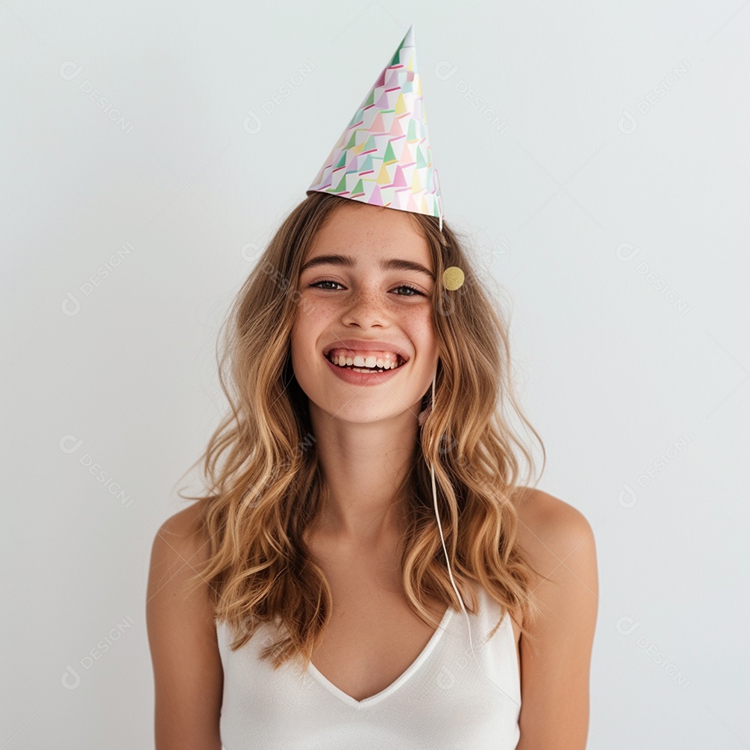 Uma linda jovem sorridente usando chapéu de festa na cabeça