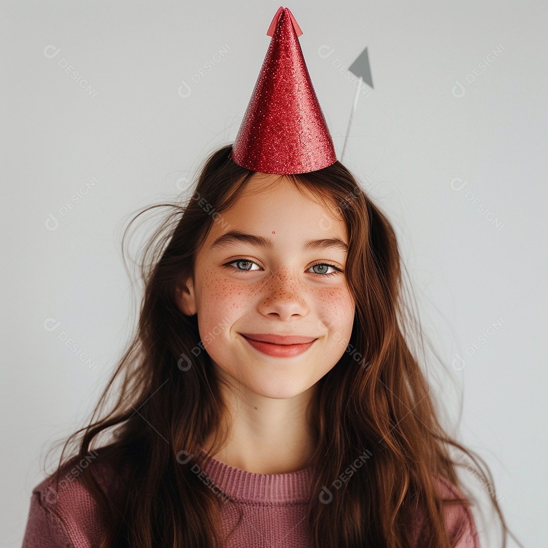 Uma linda menina sorrindo com chapéu de festa na cabeça
