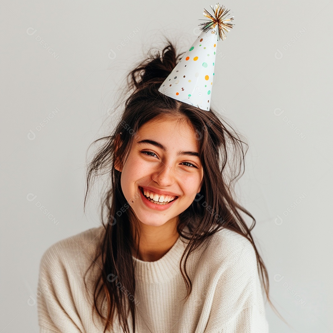 Uma menina sorridente usando um chapéu de festa em um fundo branco