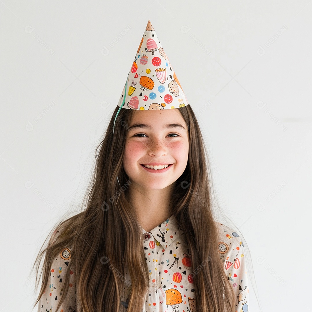 Uma adolescente meiga sorrindo usando chapéu de festa sobre fundo branco