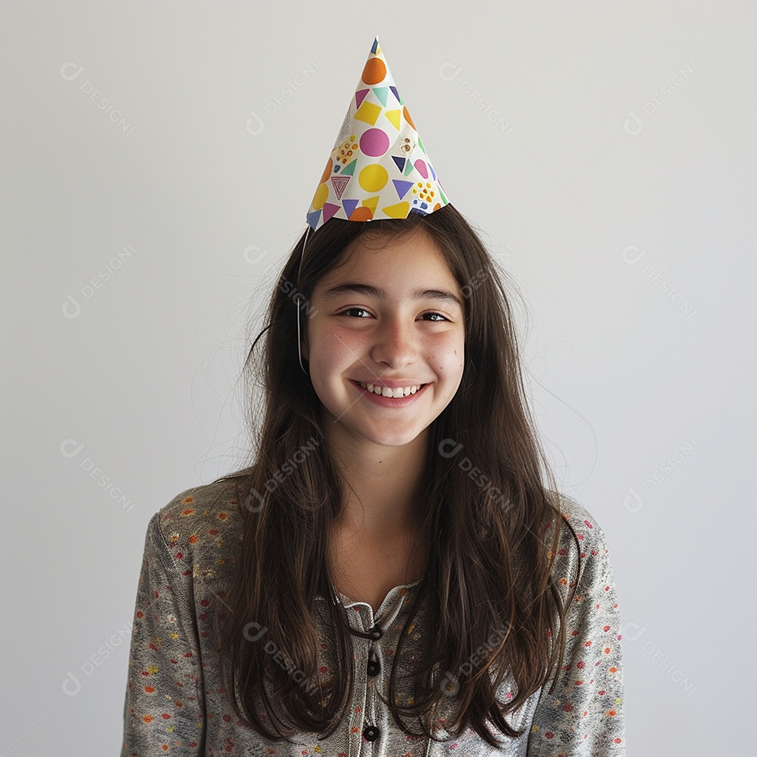 Uma adolescente meiga sorrindo usando chapéu de festa sobre fundo branco